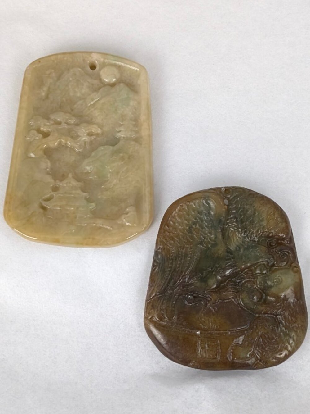 Set of 2 Vintage Hand Carved Natural Nephrite Jade Relief Plaque Pendants